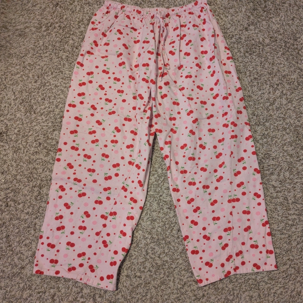 Pink Cherry Print 100% Cotton Pajamas Pants and Long Sleeve Top - Picture 6 of 7